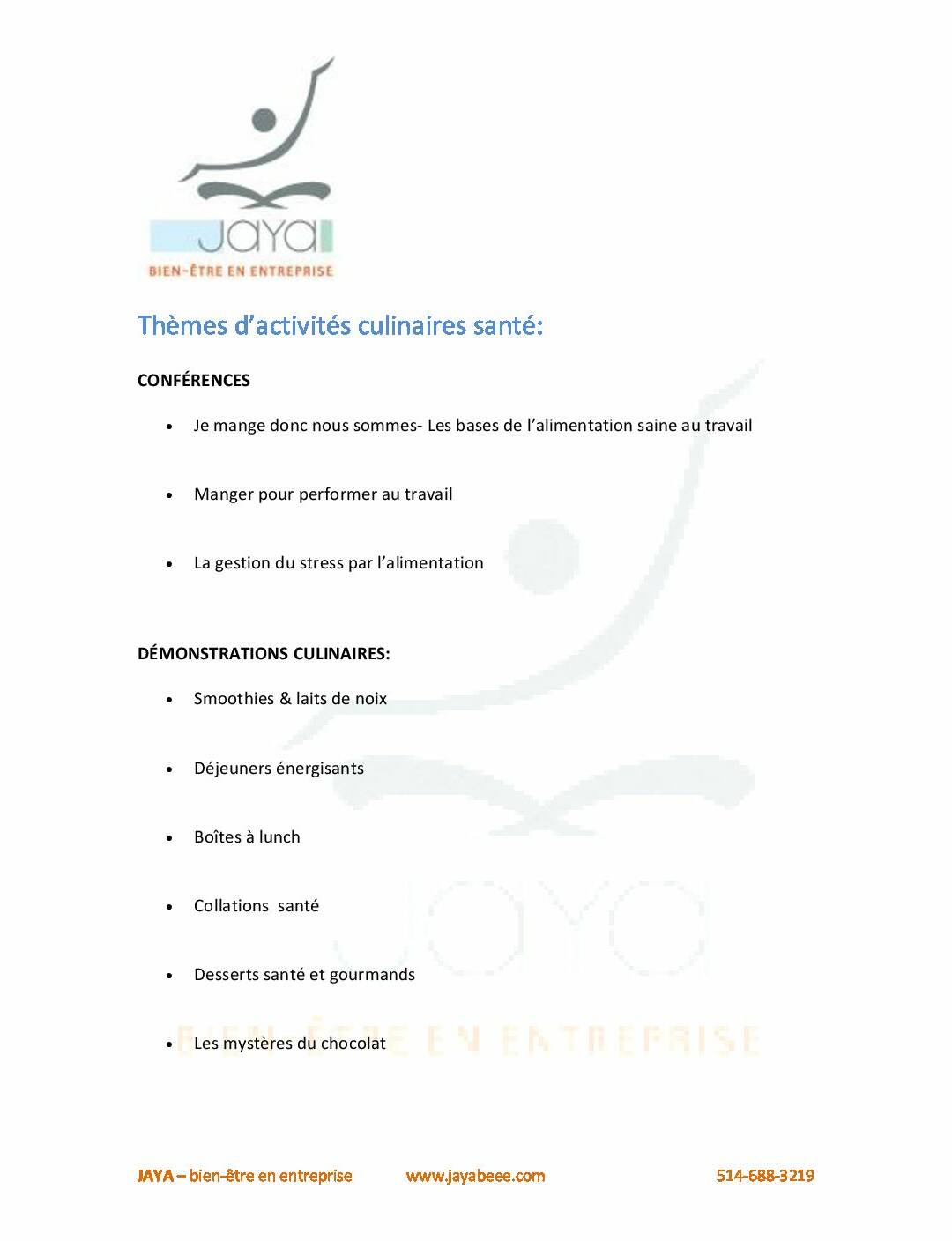 Programme annuel JAYA – choix d’ateliers culinaires santé